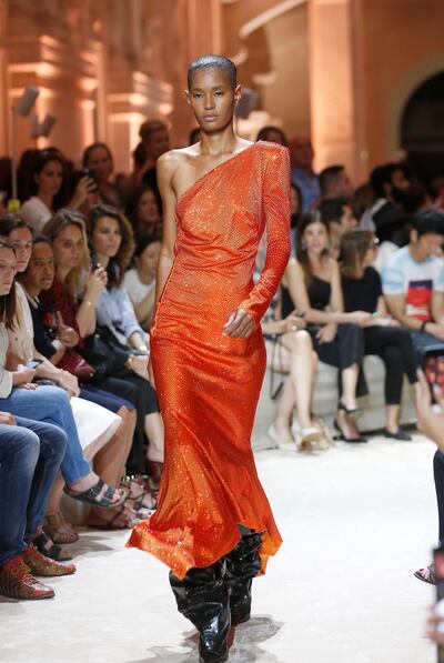 PARIS, FRANCE - JULY 03:  A model walks the runway during the Alexandre Vauthier Haute Couture Fall Winter 2018/2019  show as part of Paris Fashion Week on July 3, 2018 in Paris, France.  (Photo by Thierry Chesnot/Getty Images)