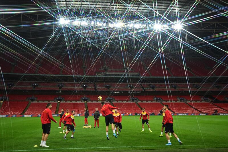 Montenegro players training at Wembley Stadium, London, ahead of the Euro 2020 qualifier against England. AFP