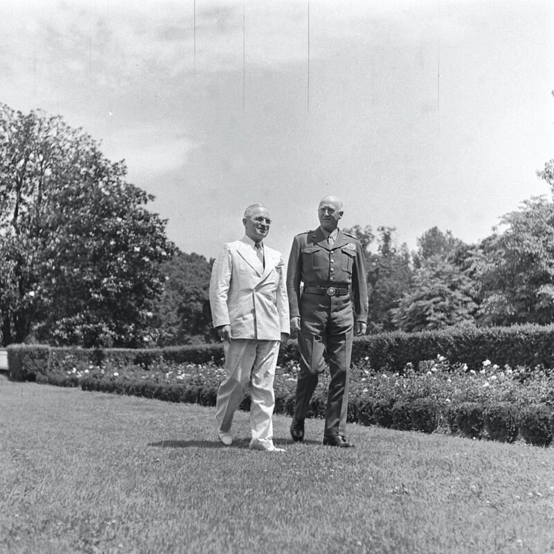 General George Patton and President Harry Truman walking together at White House Rose Garden in Washington, District of Columbia, 1945 (Photo by Marie Hansen/The LIFE Picture Collection via Getty Images)