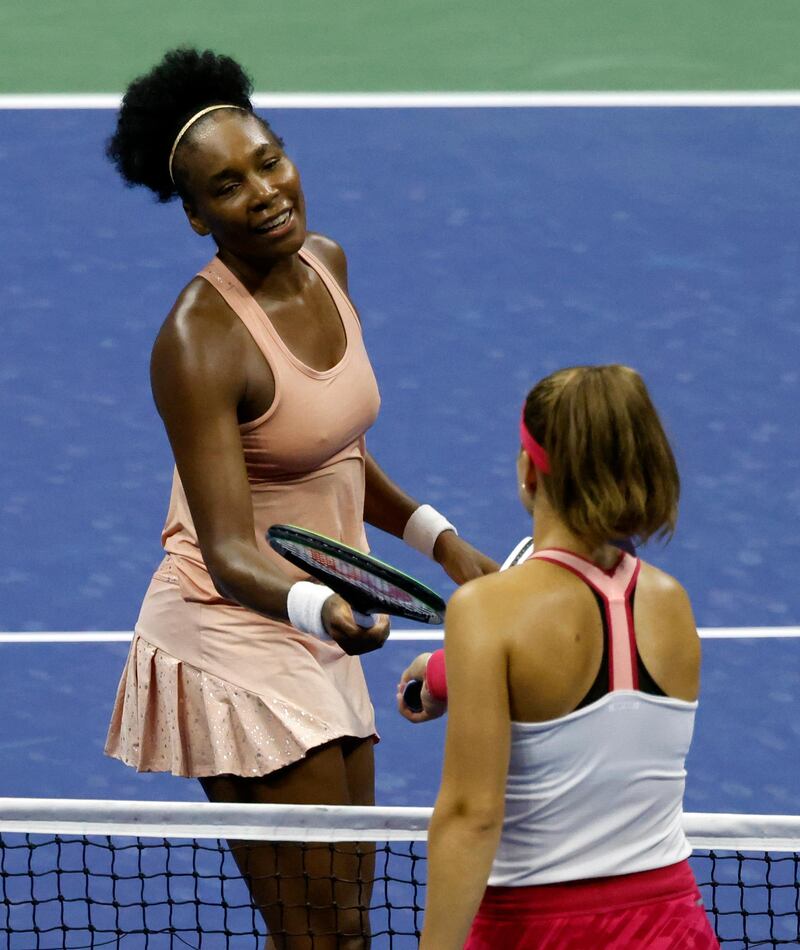 Venus Williams taps racquets with Karolina Muchova after losing to the Czech 6-3, 7-5. EPA
