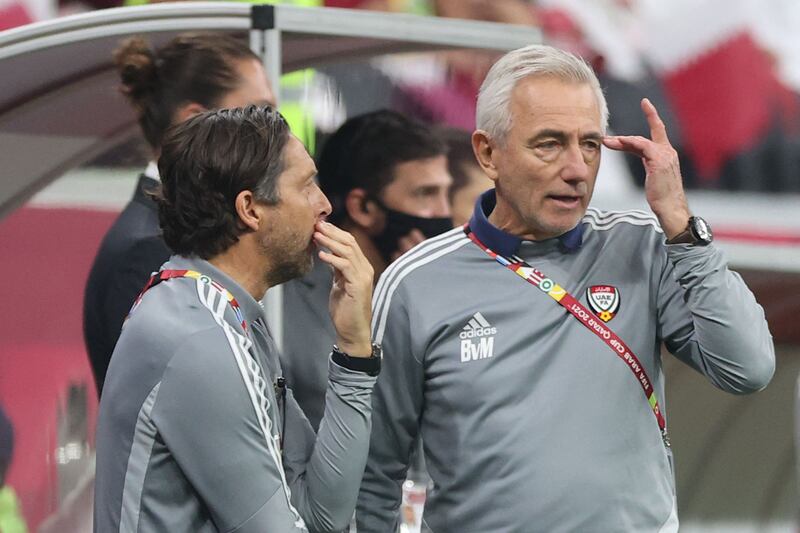 UAE coach Bert van Marwijk watches the 5-0 Fifa Arab Cup quarter final defeat against Qatar  in Al-Khor. AFP