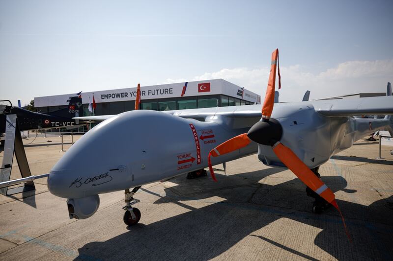 An Aksungur drone, manufactured by Turkish Aerospace Industries, on display. Bloomberg