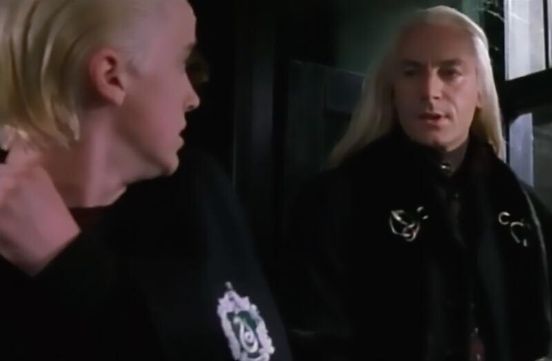 Lucius Malfoy (Jason Isaacs), right, with Draco Malfoy (Tom Felton) in a scene that was eventually deleted.