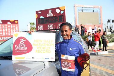 Ababel Yeshaneh after setting a new world record at the 2020 RAK Half Marathon. Courtesy RAK Half Marathon