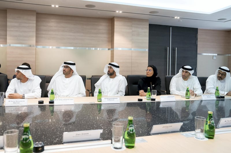 SINGAPORE, SINGAPORE - February 28, 2019: (L-R) HE Suhail bin Mohamed Faraj Faris Al Mazrouei, UAE Minister of Energy, HE Dr Sultan Ahmed Al Jaber, UAE Minister of State, Chairman of Masdar and CEO of ADNOC Group, HE Mohamed Mubarak Al Mazrouei, Undersecretary of the Crown Prince Court of Abu Dhabi, HE Noura Mohamed Al Kaabi, UAE Minister of Culture and Knowledge Development, HE Dr Thani Al Zeyoudi, UAE Minister for Climate Change and Environment and HE Dr Mohamed Omar Abdullah Balfaqeeh, UAE Ambassador to Singapore, attend a meeting, at Mubadala's GLOBALFOUNDRIES semiconductor facility.
( Eissa Al Hammadi for the Ministry of Presidential Affairs )
---