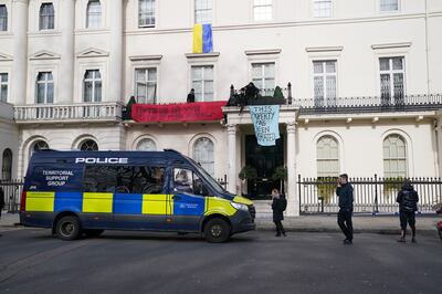 Squatters occupy a mansion belonging to the family of Russian oligarch Oleg Deripaska in Belgrave Square, London, on Monday. PA