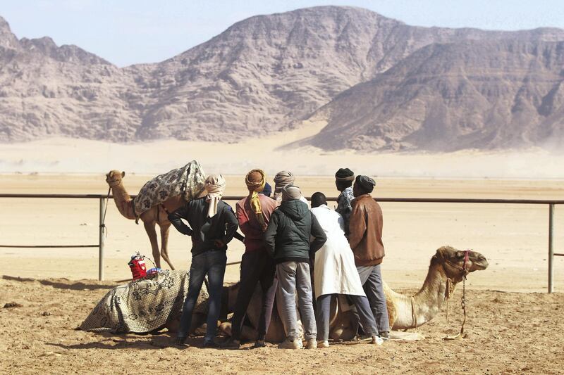 Jordanian Bedouins watch the camels race using robotic jockeys at the Sheikh Zayed track in the town of al-Disi in the desert of Wadi Rum valley, on November 9, 2019. (The National)