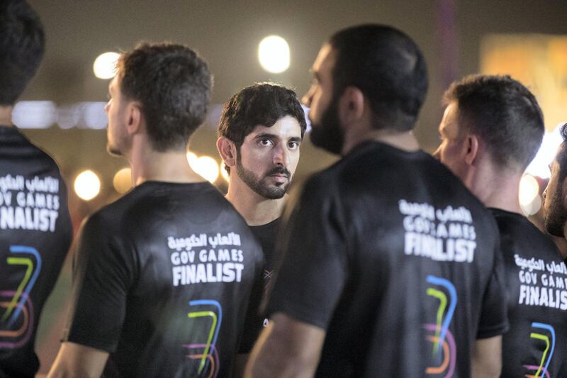 DUBAI, UNITED ARAB EMIRATES - MAY 12, 2018. 

Crown Prince of Dubai,  Sheikh Hamdan bin Mohammed with his team, F3, compete at the final of Govgames.

Set in motion by the Crown Prince of Dubai,  Sheikh Hamdan bin Mohammed, Govgames sees teams of Government workers pitted against each other in a bid to be Gov Games champions.

The competition is held on Kite Beach.

(Photo by Reem Mohammed/The National)

Reporter: 
Section: NA