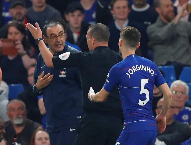 Chelsea manager Maurizio Sarri is sent to the stands by referee Kevin Friend. Reuters