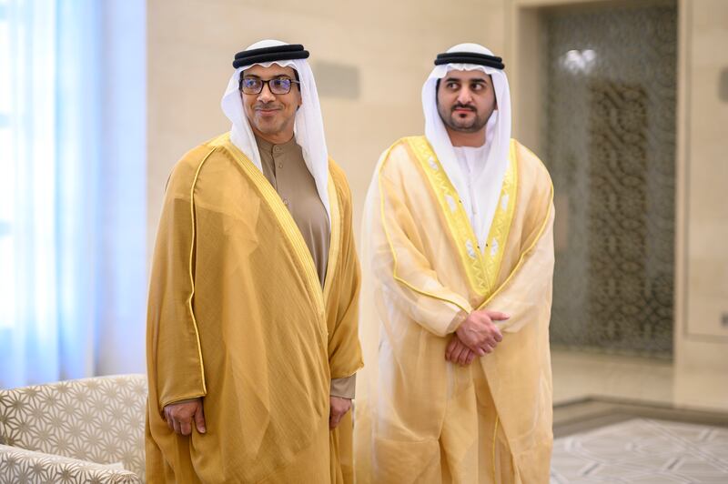 Sheikh Mansour bin Zayed, Deputy Prime Minister and Minister of the Presidential Court, and Sheikh Maktoum bin Mohammed, Deputy Prime Minister, Minister of Finance and Deputy Ruler of Dubai, at the swearing-in of cabinet ministers. Presidential Court