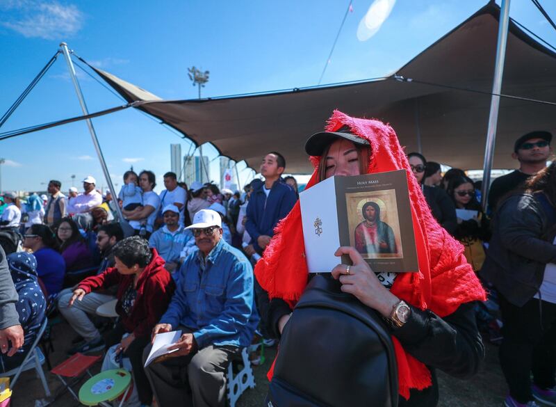 Abu Dhabi, U.A.E., February 5, 2019.  Worhipers strengthen their faith by recieving the host during the mass of His Holiness Pope Francis, Head of the Catholic Church at Zayed Sports City.
Victor Besa/The National
Section:  NA
Reporter: