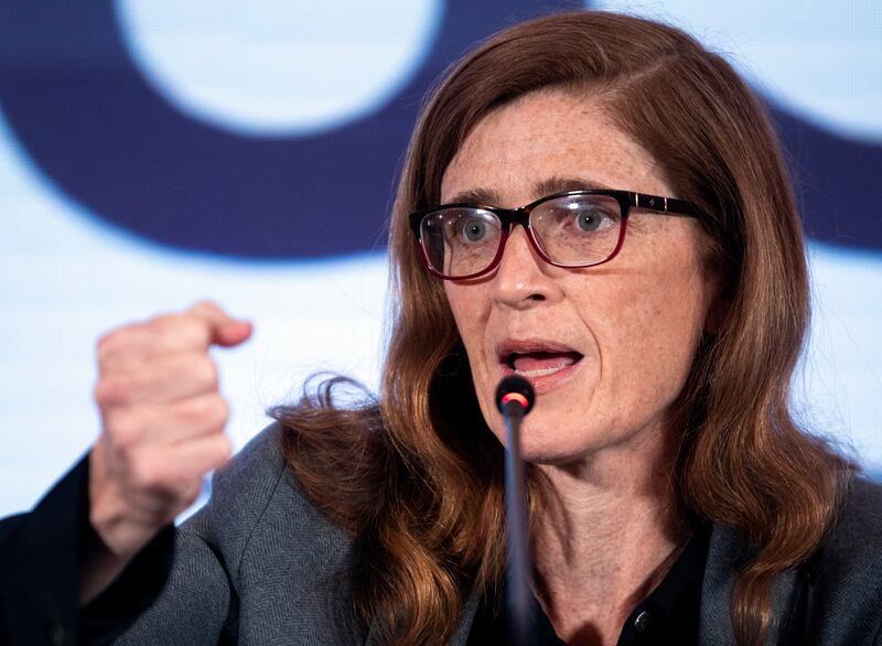 USAID chief Samantha Power speaks during a press conference in Sarajevo, Bosnia. AP