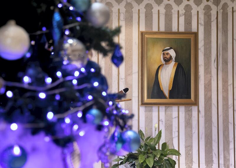 DUBAI, UNITED ARAB EMIRATES. 20 DECEMBER 2020. 
Christmas  tree in the lobby of Radisson Blu Hotel, Dubai Deira Creek.
(Photo: Reem Mohammed/The National)

Reporter: Patrick Ryan
Section: