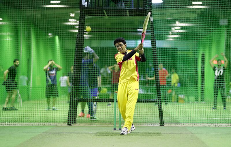 DUBAI , UNITED ARAB EMIRATES , SEP 6  ��� 2017 :- Anis Sajan , MD , Danube Group batting during the indoor cricket match at the United Pro Sports club in Al Quoz in Dubai. ( Pawan Singh / The National ) Story by Paul Radley