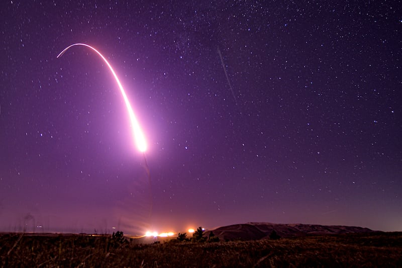 A US military intercontinental ballistic missile test conducted at Vandenberg Air Force Base, California, in 2019. US Air Force via AP