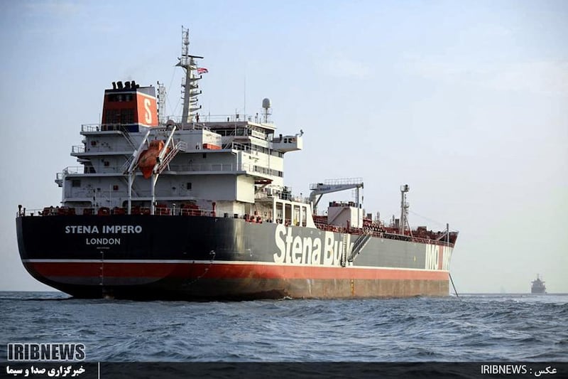 An image grab taken from a broadcast by Islamic Republic of Iran Broadcasting (IRIB) on July 22, 2019 shows the tanker Stena Impero as it's anchored off the Iranian port city of Bandar Abbas.  / AFP / IRIB / HO / RESTRICTED TO EDITORIAL USE - MANDATORY CREDIT "AFP PHOTO / HO / IRIB" - NO MARKETING NO ADVERTISING CAMPAIGNS - DISTRIBUTED AS A SERVICE TO CLIENTS  / NO RESALE - NO BBC PERSIAN / NO VOA PERSIAN / NO MANOTO TV
