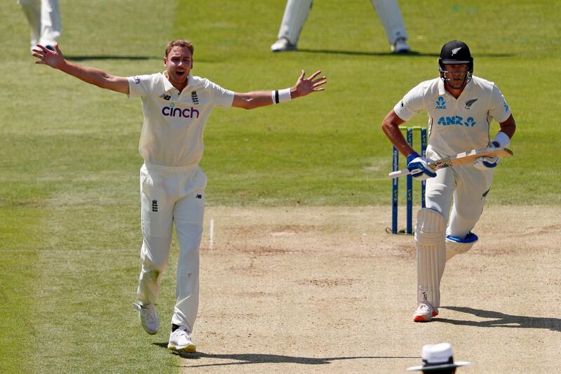 England bowler Stuart Broad appeals unsuccessfully for the wicket of New Zealand's Kyle Jamieson. AFP