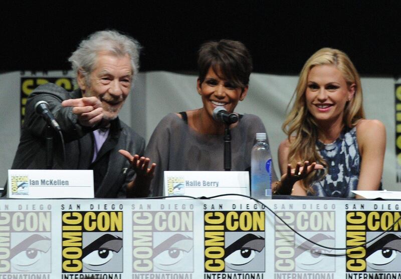 SAN DIEGO, CA - JULY 20: (L-R) Actor Ian McKellen, actress Halle Berry and actress Anna Paquin speak at the 20th Century Fox "X-Men: Days of Future Past" panel during Comic-Con International 2013 at San Diego Convention Center on July 20, 2013 in San Diego, California.   Kevin Winter/Getty Images/AFP== FOR NEWSPAPERS, INTERNET, TELCOS & TELEVISION USE ONLY ==
 *** Local Caption ***  586632-01-09.jpg