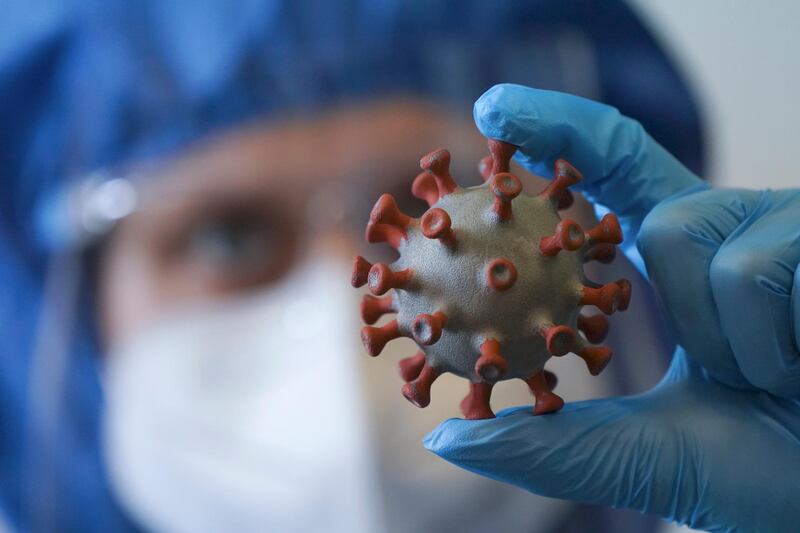 14 November 2020, Saxony, Leipzig: A model of a coronavirus is held by a person wearing complete infection protection clothing. Photo: Peter Endig/dpa-Zentralbild/ZB (Photo by Peter Endig/picture alliance via Getty Images)