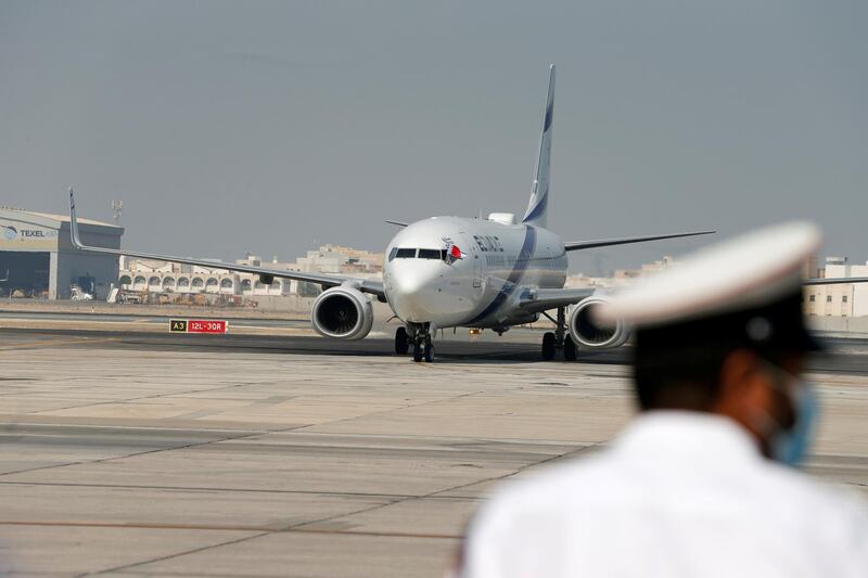 The Israeli flag carrier El Al's airliner carrying an Israeli delegation accompanied by the US treasury secretary arrives in Muharraq, Bahrain,  Reuters