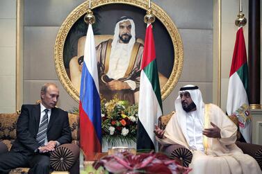 Sheikh Khalifa and Vladimir Putin engage in talks at Mushrif Palace in Abu Dhabi during the Russian president's 2007 visit. AFP