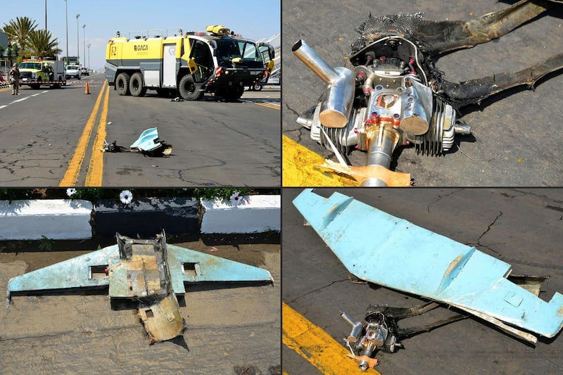 (COMBO) This combination of pictures provided by Saudi Arabia's Ministry of Media on February 10, 2021 reportedly shows the wreckage of an unmanned aerial vehicle (UAV or drone) that was used in an attack on Abha International Airport in Saudi Arabia's southern Asir province. A civilian plane was engulfed in flames on February 10 after Yemen's Huthi rebels launched a drone strike on the airport days after the US moved to delist the insurgents as "terrorists". Saudi authorities did not immediately report any casualties from the attack, claimed by the Huthis, the latest in a series of rebel assaults on the kingdom despite a renewed American push to de-escalate the six-year conflict. - === RESTRICTED TO EDITORIAL USE - MANDATORY CREDIT "AFP PHOTO / HO / SAUDI MINISTRY OF MEDIA" - NO MARKETING NO ADVERTISING CAMPAIGNS - DISTRIBUTED AS A SERVICE TO CLIENTS ===
=== RESTRICTED TO EDITORIAL USE - MANDATORY CREDIT "AFP PHOTO / HO / SAUDI MINISTRY OF MEDIA" - NO MARKETING NO ADVERTISING CAMPAIGNS - DISTRIBUTED AS A SERVICE TO CLIENTS ===
=== RESTRICTED TO EDITORIAL USE - MANDATORY CREDIT "AFP PHOTO / HO / SAUDI MINISTRY OF MEDIA" - NO MARKETING NO ADVERTISING CAMPAIGNS - DISTRIBUTED AS A SERVICE TO CLIENTS ===
=== RESTRICTED TO EDITORIAL USE - MANDATORY CREDIT "AFP PHOTO / HO / SAUDI MINISTRY OF MEDIA" - NO MARKETING NO ADVERTISING CAMPAIGNS - DISTRIBUTED AS A SERVICE TO CLIENTS ===
 / AFP / Saudi Ministry of Media / - / === RESTRICTED TO EDITORIAL USE - MANDATORY CREDIT "AFP PHOTO / HO / SAUDI MINISTRY OF MEDIA" - NO MARKETING NO ADVERTISING CAMPAIGNS - DISTRIBUTED AS A SERVICE TO CLIENTS ===
=== RESTRICTED TO EDITORIAL USE - MANDATORY CREDIT "AFP PHOTO / HO / SAUDI MINISTRY OF MEDIA" - NO MARKETING NO ADVERTISING CAMPAIGNS - DISTRIBUTED AS A SERVICE TO CLIENTS ===
=== RESTRICTED TO EDITORIAL USE - MANDATORY CREDIT "AFP PHOTO / HO / SAUDI MINISTRY OF MEDIA" - NO MARKETING NO ADVERTISING CAMPAIGNS - DISTRIBUTED AS A SERVICE TO CLIENTS ===
=== RESTRICTED TO EDITORIAL USE - MANDATORY CREDIT "AFP PHOTO / HO / SAUDI MINISTRY OF MEDIA" - NO MARKETING NO ADVERTISING CAMPAIGNS - DISTRIBUTED AS A SERVICE TO CLIENTS ===
