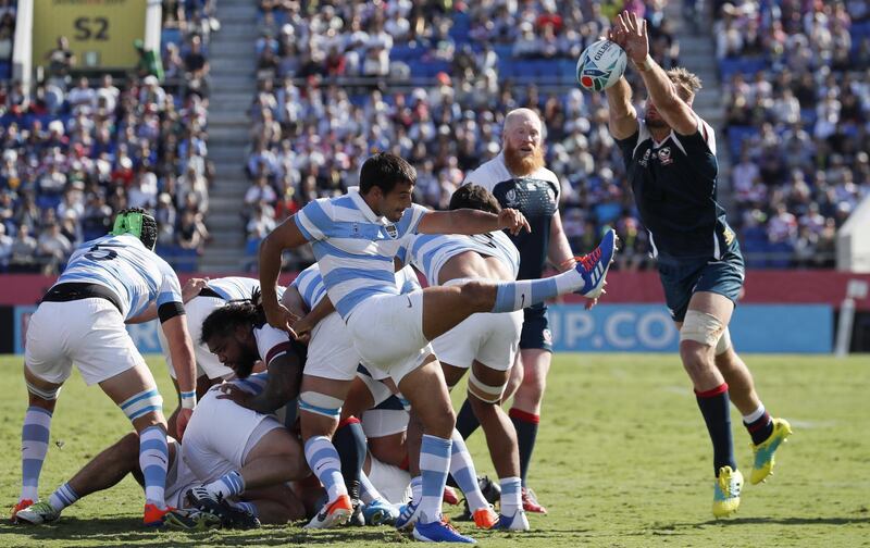 Felipe Ezcurra of Argentina (C) kicks during the Rugby World Cup match between Argentina and the USA at Kumagaya Rugby Stadium in Tokyo, Japan. EPA