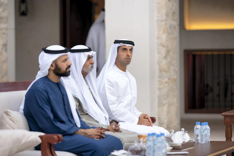 ABU DHABI, UNITED ARAB EMIRATES - February 11, 2020: (R-L) HH Sheikh Khaled bin Zayed Al Nahyan, Chairman of the Board of Zayed Higher Organization for Humanitarian Care and Special Needs (ZHO), HH Sheikh Nahyan bin Mubarak Al Nahyan, UAE Minister of State for Tolerance and HH Sheikh Mohamed bin Saif bin Mohamed Al Nahyan, attend a barza, at Qasr Al Hosn. 

( Rashed Al Mansoori / Ministry of Presidential Affairs )
---