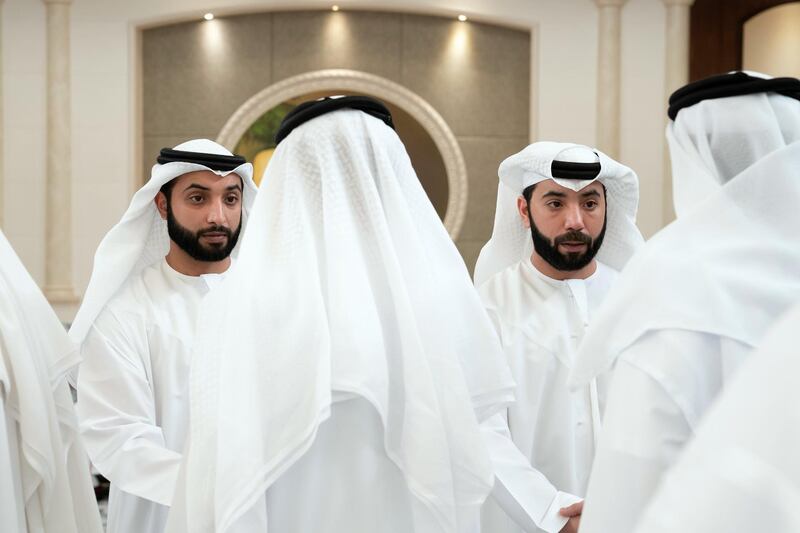 ABU DHABI, UNITED ARAB EMIRATES - November 21, 2019: HH Dr Sheikh Hazza bin Sultan bin Zayed Al Nahyan (R) and HH Dr Sheikh Khaled bin Sultan bin Zayed Al Nahyan (L), receive mourners who are offering condolences on the passing of the late HH Sheikh Sultan bin Zayed Al Nahyan, at Al Mushrif Palace.

( Eissa Al Hammadi for the Ministry of Presidential Affairs )
---