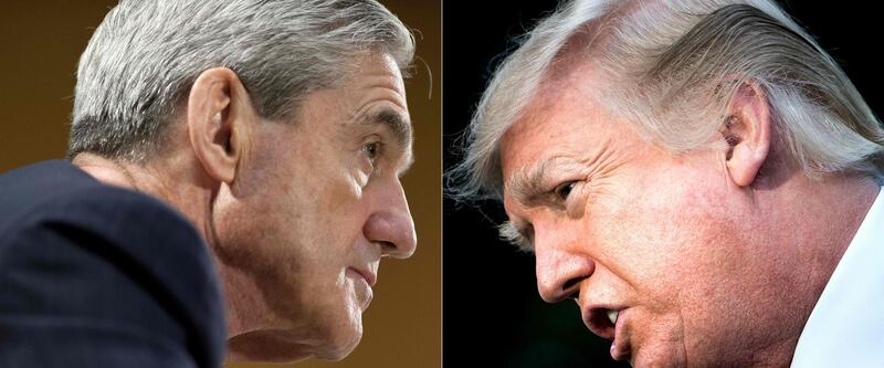 (COMBO) This combination of pictures created on January 8, 2018 shows files photos of FBI Director Robert Mueller (L) on June 19, 2013, in Washington, DC; and US President Donald Trump on December 15, 2017, in Washington, DC.
 Donald Trump has transmitted on November 20, 2018, his written responses to questions by Special Counsel Robert Mueller, who is investigating Russian interference in the 2016 election that brought the president to office. / AFP / SAUL LOEB AND Brendan Smialowski
