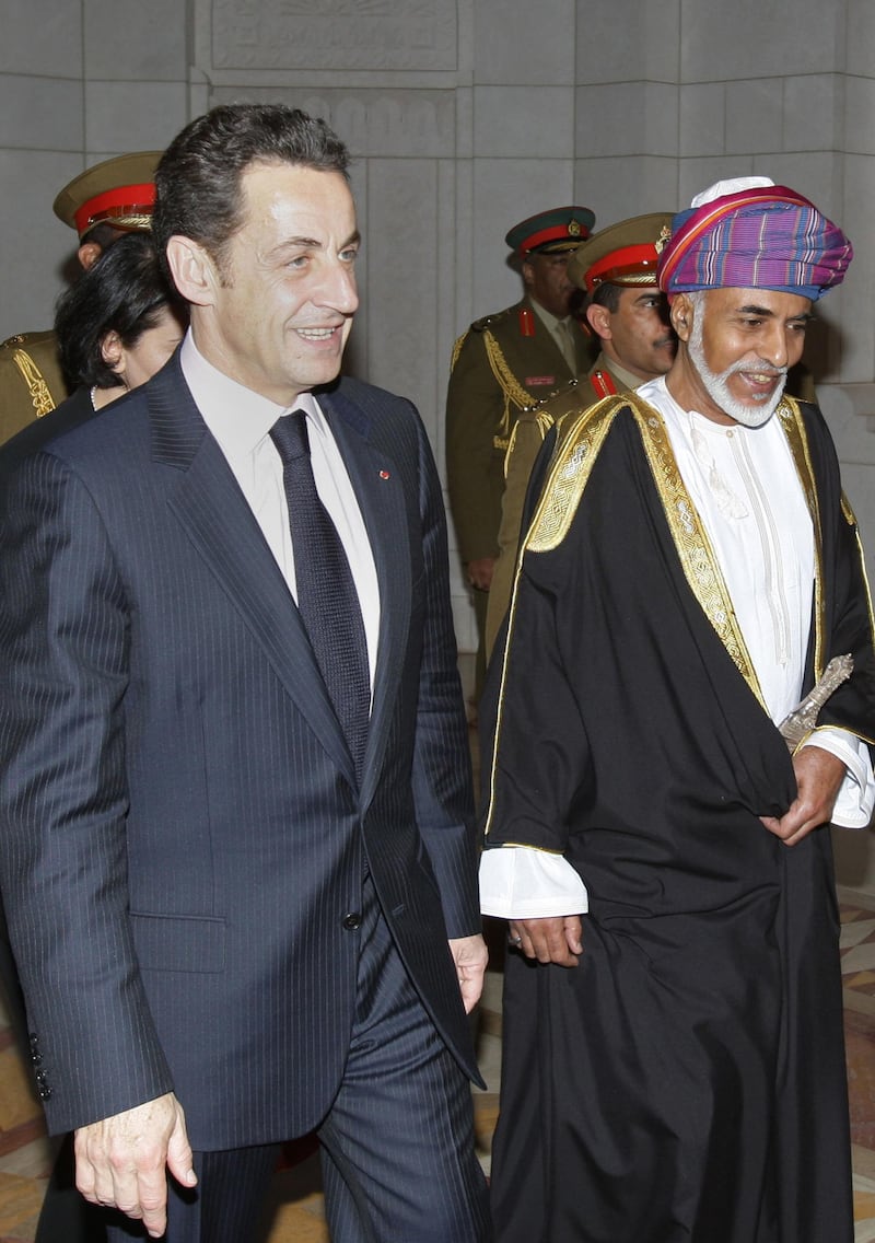 Sultan Qaboos bin Said greets French President Nicolas Sarkozy upon his arrival in Muscat.  Sultan Qaboos, who ruled Oman for almost half a century, has died at the age of 79. AFP