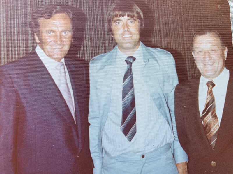 Martyn Lewis with Don Revie and Bob Paisley after he was the referee in a game between Liverpool and Al Nasr in Dubai in 1978. Photo: Martyn Lewis