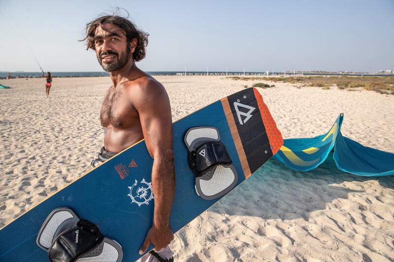 DUBAI, UNITED ARAB EMIRATES. 12 OCTOBER 2020. UAE kitesurfing champion Mohammed Al Mansoori. Mohammed got into the sport after falling in a coma from a biking accident which also broke both his legs and meant that he couldn't walk for years. As the captain of the UAE kitesurfing club, he calls
for more Emiratis to join the sport so it could grow in the region and they could have a GCC league. (Photo: Antonie Robertson/The National) Journalist: Haneed Dajani. Section: National.
