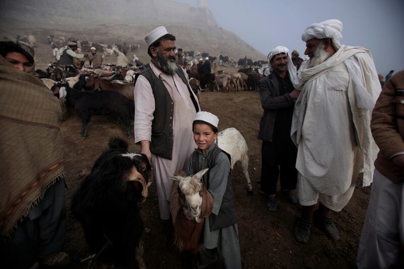 An Afghan boy holds his goat while his father, center, talks with a customer, right, at an open livestock market for the upcoming Eid-al-Adha festival, in Kabul, Afghanistan, Friday, Nov. 4, 2011. (AP Photo/Muhammed Muheisen) *** Local Caption ***  Afghanistan Eid-al-Adha.JPEG-002cd.jpg