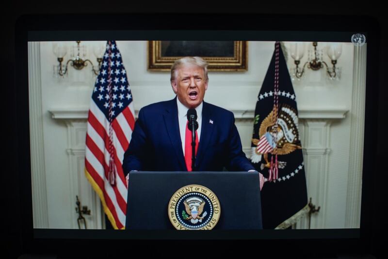 US President Donald Trump speaks from the White House diplomatic reception room as he addresses the United Nations General Assembly. Bloomberg