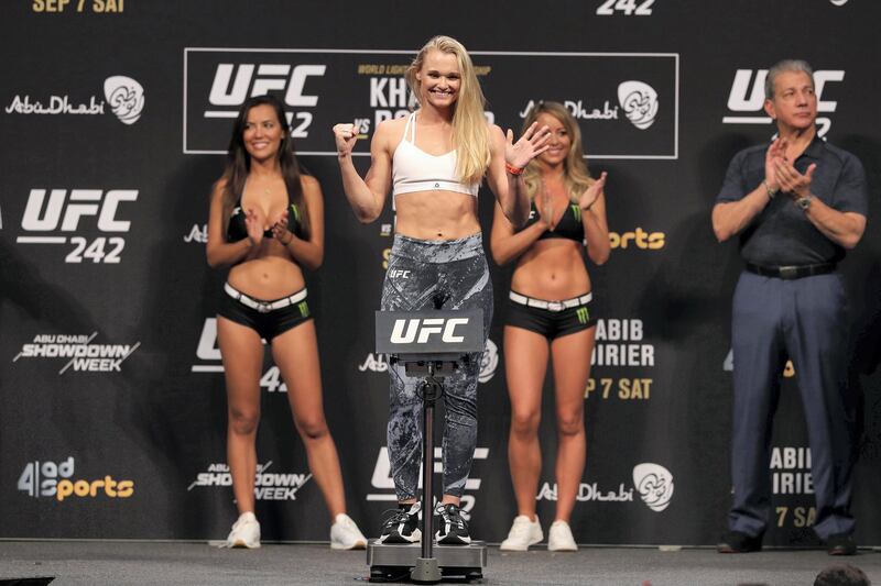 Abu Dhabi, United Arab Emirates - September 06, 2019: Andrea Lee weights in before her fight with Joanne Calderwood at UFC 242. Friday the 6th of September 2019. Yes Island, Abu Dhabi. Chris Whiteoak / The National