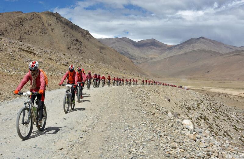 Buddhist nuns from the Drukpa lOrder pictured on August 20, 2016, in Ladakh during their cycle across the Himalayas to raise awareness about human trafficking of girls and women in the impoverished villages in Nepal and India Live to Love handout / Reuters 