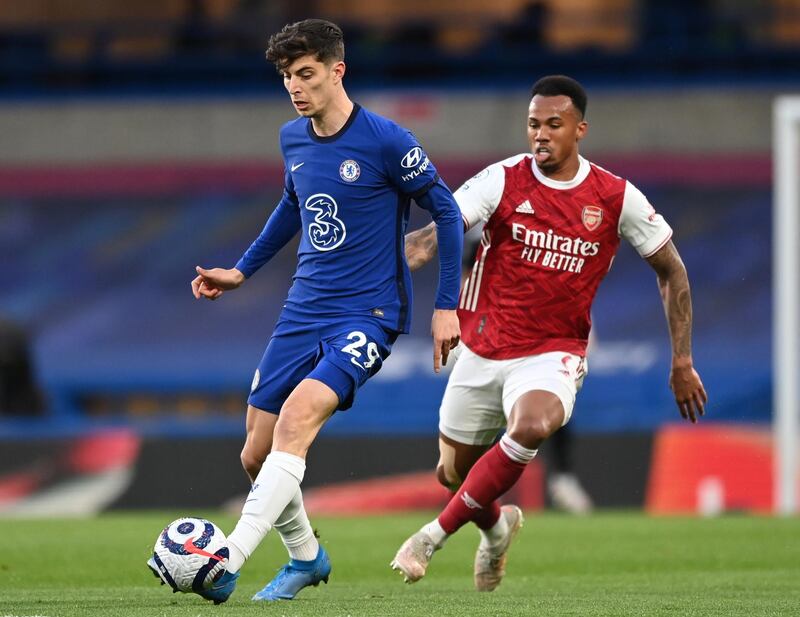 Chelsea's Kai Havertz in action against Arsenal's Gabriel. EPA