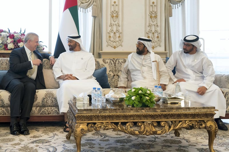 ABU DHABI, UNITED ARAB EMIRATES - October 16, 2018: HH Sheikh Mohamed bin Zayed Al Nahyan, Crown Prince of Abu Dhabi and Deputy Supreme Commander of the UAE Armed Forces (2nd L), receives HRH Prince Andrew, Duke of York (L), during a Sea Palace barza. Seen with HH Sheikh Hamdan bin Zayed Al Nahyan, Ruler���s Representative in Al Dhafra Region (R) and HH Sheikh Tahnoon bin Mohamed Al Nahyan, Ruler's Representative in Al Ain Region (2nd R).

( Mohamed Al Hammadi / Crown Prince Court - Abu Dhabi )
---