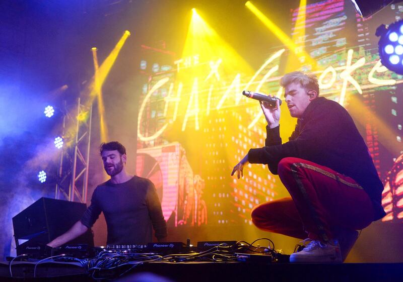 MINNEAPOLIS, MN - FEBRUARY 03:  Alex Pall (L) and Andrew Taggart of The Chainsmokers perform onstage at the Fanatics Super Bowl Party on February 3, 2018 in Minneapolis, Minnesota.  (Photo by Daniel Boczarski/Getty Images for Fanatics)