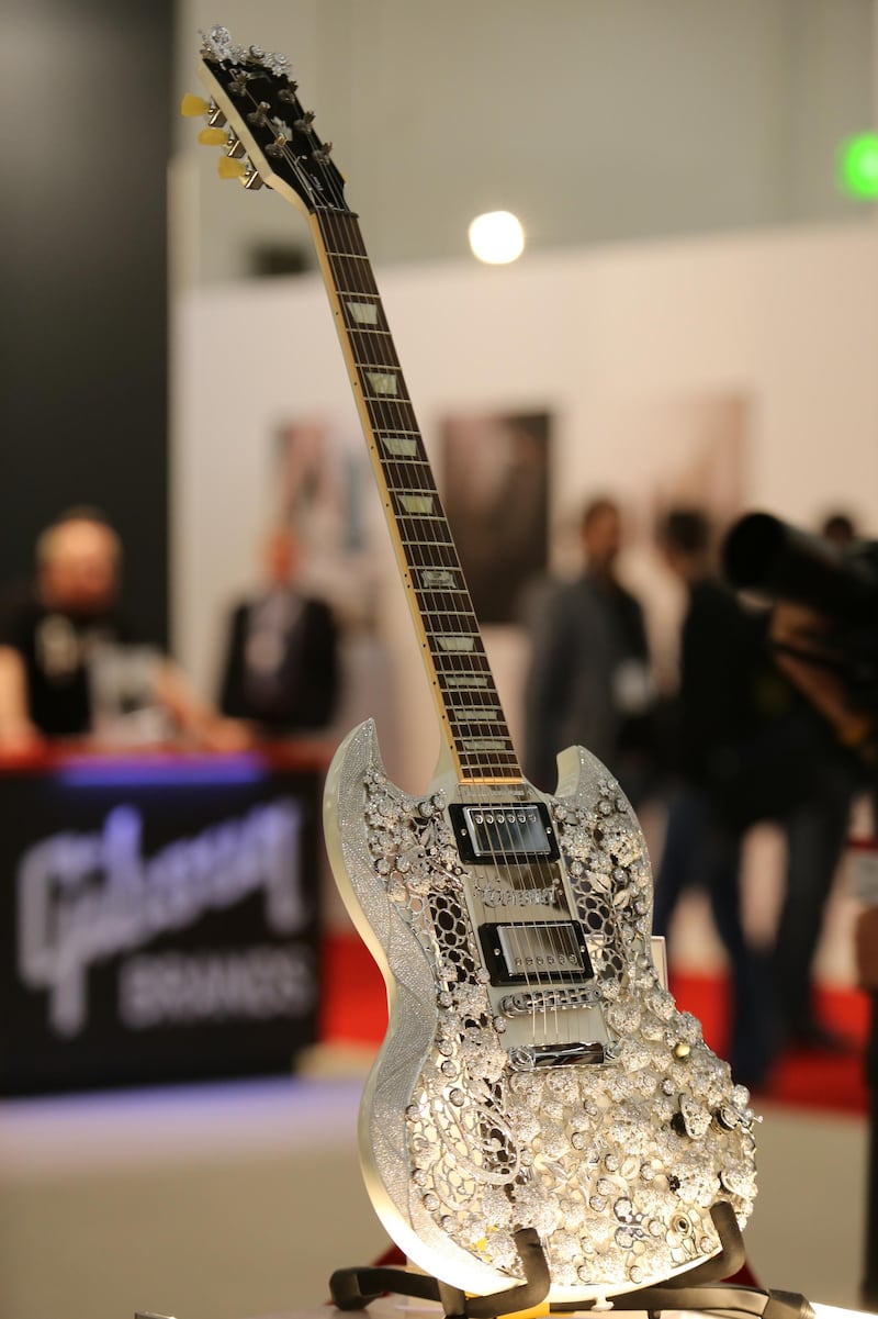 The 'Eden of Coronet' guitar model with inlaid diamonds is presented at the Gibson booth at the Musikmesse music fair in Frankfurt am Main, Germany, 15 April 2015. Valued at 2 million US dollars, this is the most valuable guitar in the world. Photo: Susannah V. Vergau/dpa - NO WIRE SERVICE - | usage worldwide   (Photo by Susannah V. Vergau/picture alliance via Getty Images)