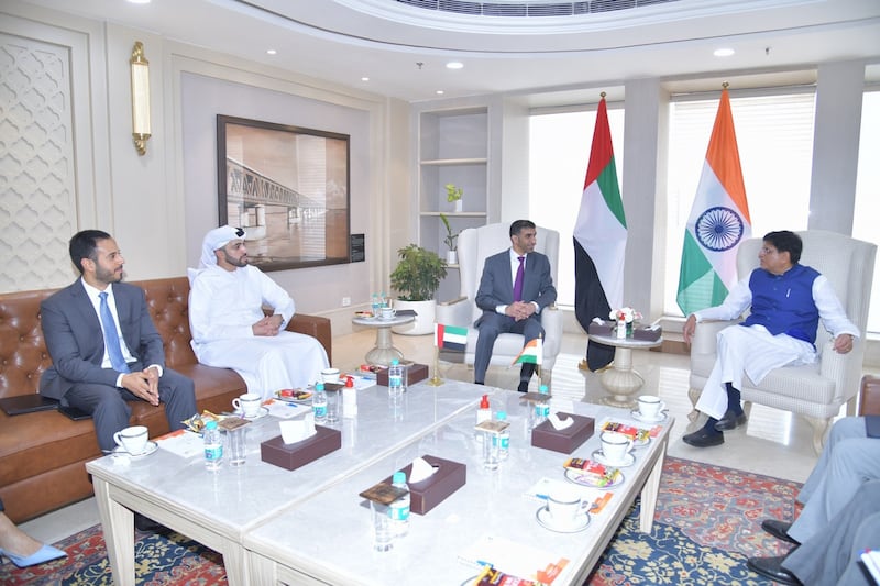 Dr Thani Al Zeyoudi, UAE Minister of Foreign Trade, second right, held a bilateral meeting with Piyush Goyal, India’s Minister of Commerce and Industry, right, in New Delhi to discuss the progress of the Cepa. Photo: Wam