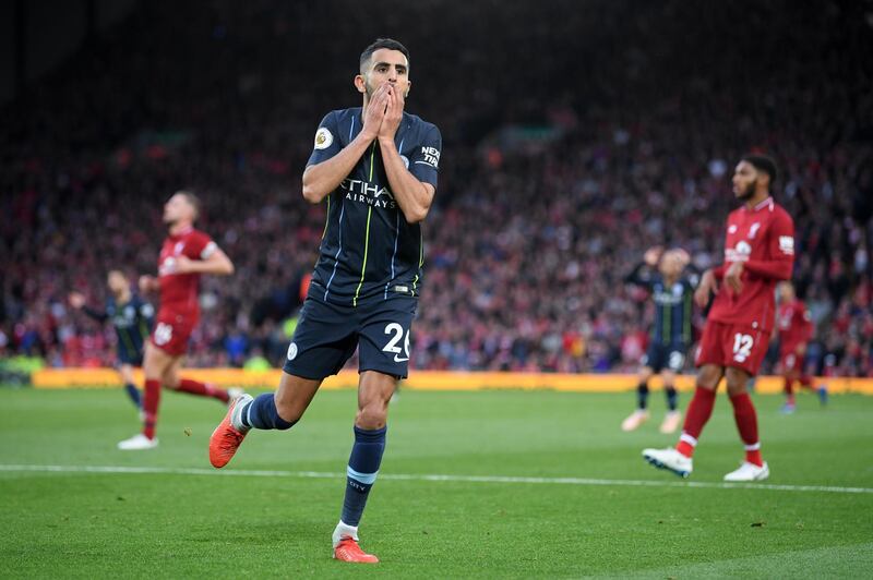 LIVERPOOL, ENGLAND - OCTOBER 07:  Riyad Mahrez of Manchester City reacts after a missed chance during the Premier League match between Liverpool FC and Manchester City at Anfield on October 7, 2018 in Liverpool, United Kingdom.  (Photo by Laurence Griffiths/Getty Images)