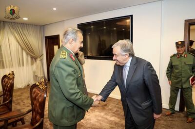 epa07488184 A handout photo made available by Libyan Army Media office on 05 April 2019 shows Secretary General of the United Nations Antonio Guterres (R) shaking hands with commander of the Libyan National Army (LNA) Khalifa Haftar (L) in Benghazi, eastern Libya (issued 06 April 2019). According to reports, Haftar has ordered Libyan forces loyal to him to take the capital Tripoli, held by a UN-backed unity government, sparking fears of further escalation in the country.  EPA/LIBYAN ARMY MEDIA OFFICE HANDOUT  HANDOUT EDITORIAL USE ONLY/NO SALES