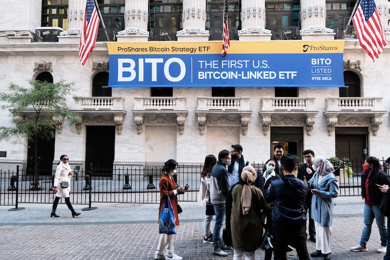 A banner for a ProShares Bitcoin Strategy ETF hangs outside the New York Stock Exchange. When the cryptocurrency winter struck after the FTX Sam Bankman-Fried scandal, a number of Bitcoin-linked ETFs crashed. AFP