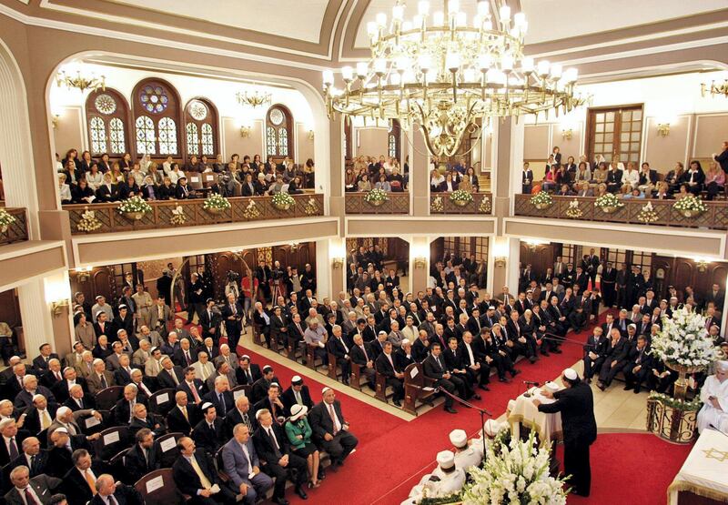 Mandatory Credit: Photo by Murad Sezer/AP/Shutterstock (7138569b)
Silvyo Ovadya, leader of Turkey's Jewish community, makes a speech at Neve Shalom Synagogue in Istanbul, Turkey, during a ceremony to mark the official reopening of the synagogue. Chief Rabbi Isak Haleva marked the reopening Monday by carrying a Torah scroll into the Neve Shalom synagogue, one of two synagogues bombed in a string of November 2003 suicide attacks that killed more than 60 people in Istanbul. The attacks were blamed on al-Qaida
TURKEY SYNAGOGUE, ISTANBUL, Turkey