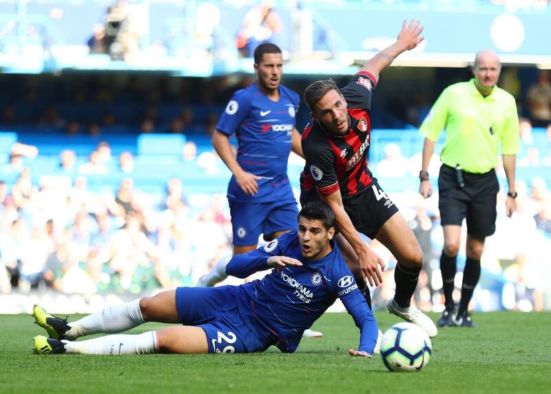 LONDON, ENGLAND - SEPTEMBER 01:  Alvaro Morata of Chelsea is challenged by Dan Gosling of AFC Bournemouth during the Premier League match between Chelsea FC and AFC Bournemouth at Stamford Bridge on September 1, 2018 in London, United Kingdom.  (Photo by Clive Rose/Getty Images)