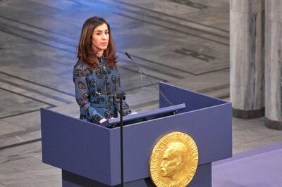 OSLO, NORWAY - DECEMBER 10:  Co-laureate of the 2018 Nobel Peace Prize Nadia Murad gives her lecture after accepting her award during the Nobel Peace Prize ceremony 2018 at Oslo City Town Hall on December 10, 2018 in Oslo, Norway. The Congolese gynaecologist, Denis Mukwege, who has treated thousands of rape victims, and Nadia Murad, the Iraqi Yazidi, who was sold into sex slavery by Isis, have been jointly awarded the 2018 Nobel peace prize in recognition for their efforts to end the use of sexual violence as a weapon in war.  (Photo by Erik Valestrand/Getty Images)