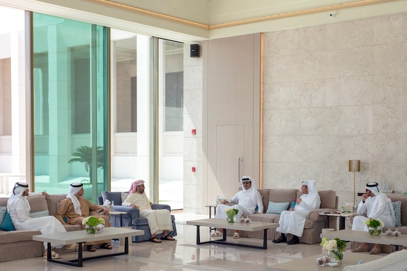 Emir of Qatar meets Sheikh Tahnoun bin Zayed and Sheikh Mansour bin Zayed at Lusail Palace in Doha. Wam