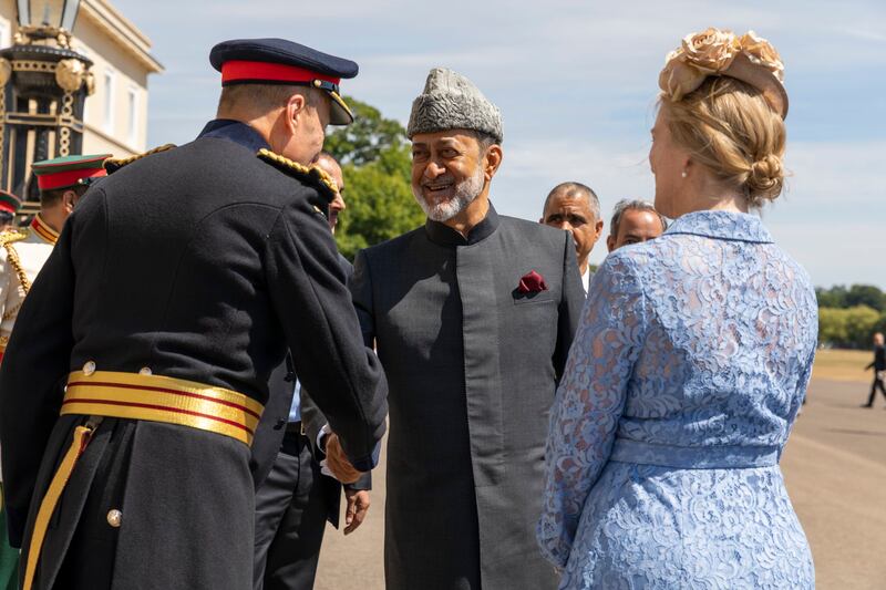 Sultan Haitham inspects the military line-up comprising his son and his comrades at the Sandhurst graduation parade.